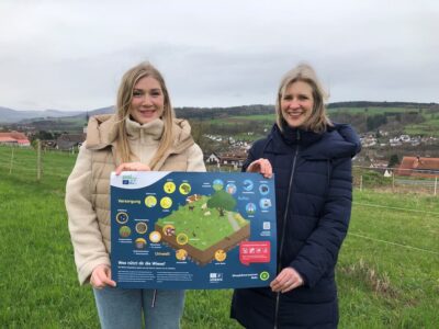 LIFE-Projektleiterin Katharina Bach (links) und Mitarbeiterin Nadja Moalem (rechts) freuen sich über die Veröffentlichung des neuen Wissensposters „Was nützt dir die Wiese?“. Foto: Mahé-Madina Krumey-Toussaint