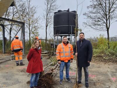 Bürgermeister Grebner bei der Übergabe der Bäume mit Hannah Balk und Bauhofleiter René Seith. Bildquelle: Michael Glückert