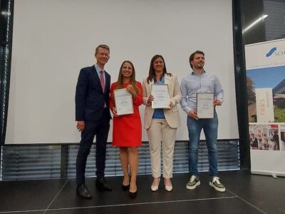 Im Bild (von links) Oberbürgermeister Sebastian Remelé mit den Preisträgern: Anna Meusert, Planen Wehner GmbH, Carolin Glöckle, Bauunternehmung Glöckle Holding GmbH und Lukas Weimann, P.A.C. GmbH Foto: Larissa Seelmann, Stadt Schweinfurt