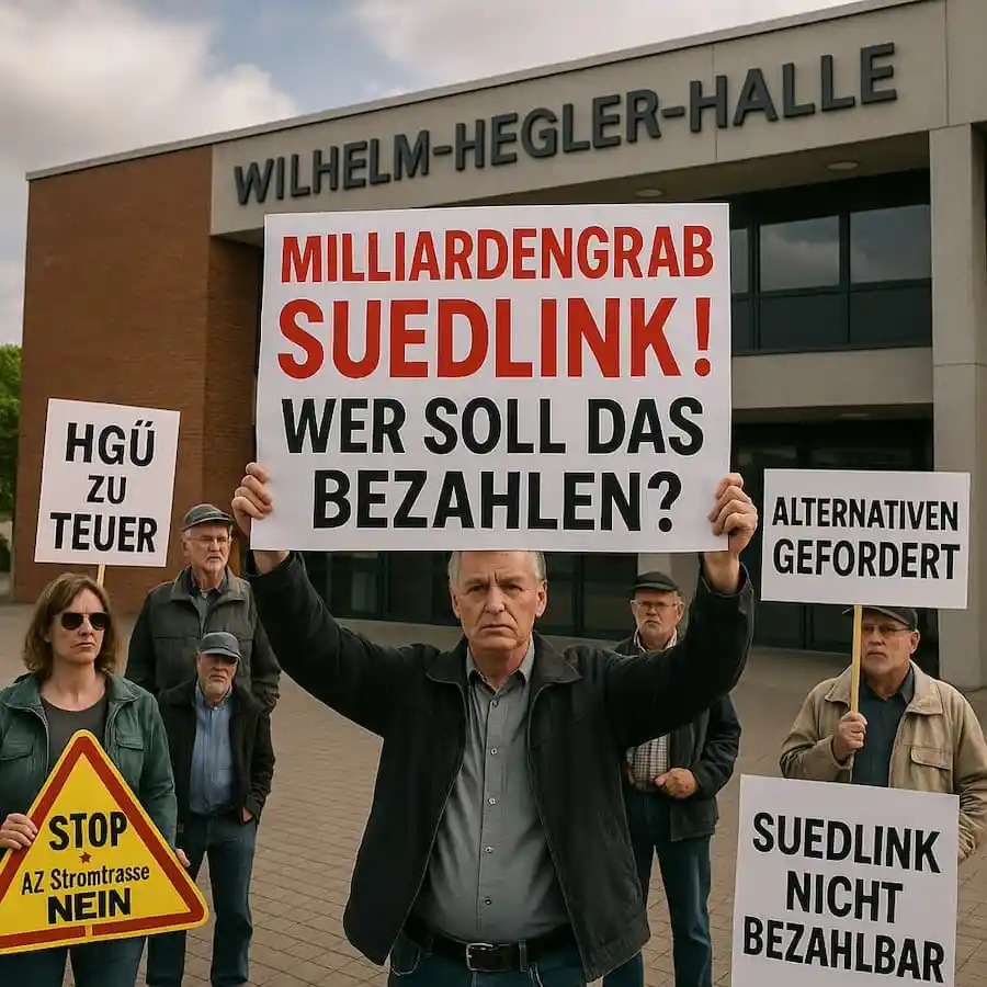 protest-vor-wilhelm-hegler-halle-gegen-suedlink-milliardengrab-schilder-mit-forderungen-nach-dezentralen-alternativen-und-neuplanung protest-vor-wilhelm-hegler-halle-gegen-suedlink-milliardengrab-schilder-mit-forderungen-nach-dezentralen-alternativen-und-neuplanung